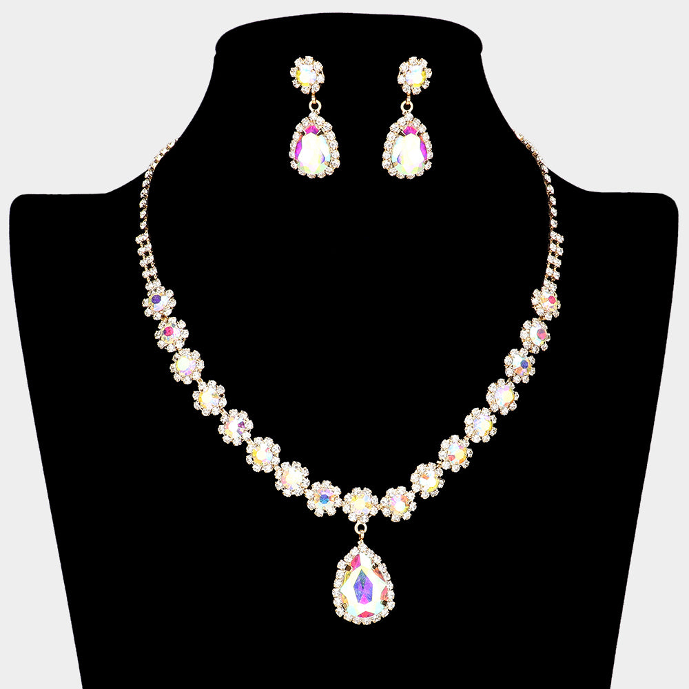 AB Teardrop and Round Stone Prom Necklace Set on Gold| Special Event Crystal Necklace Set on Gold