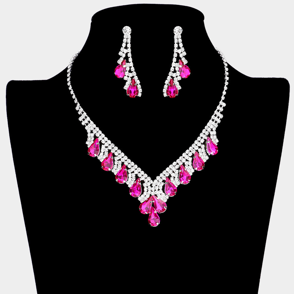 Fuchsia Teardrop Stone and Rhinestone Accented Homecoming Necklace Set | Prom Necklace Set