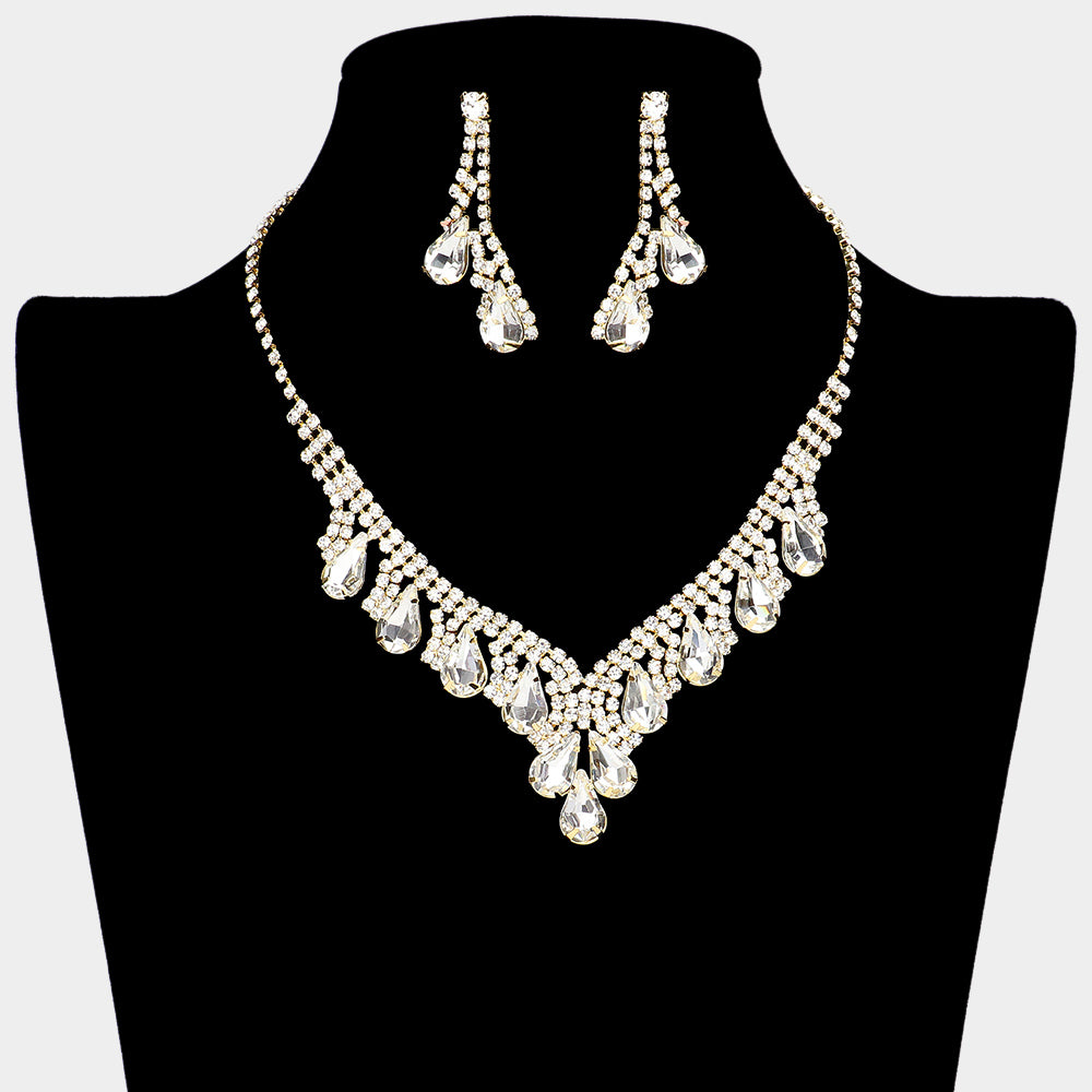 Clear Teardrop Stone and Rhinestone Accented Homecoming Necklace Set on Gold | Prom Necklace Set 