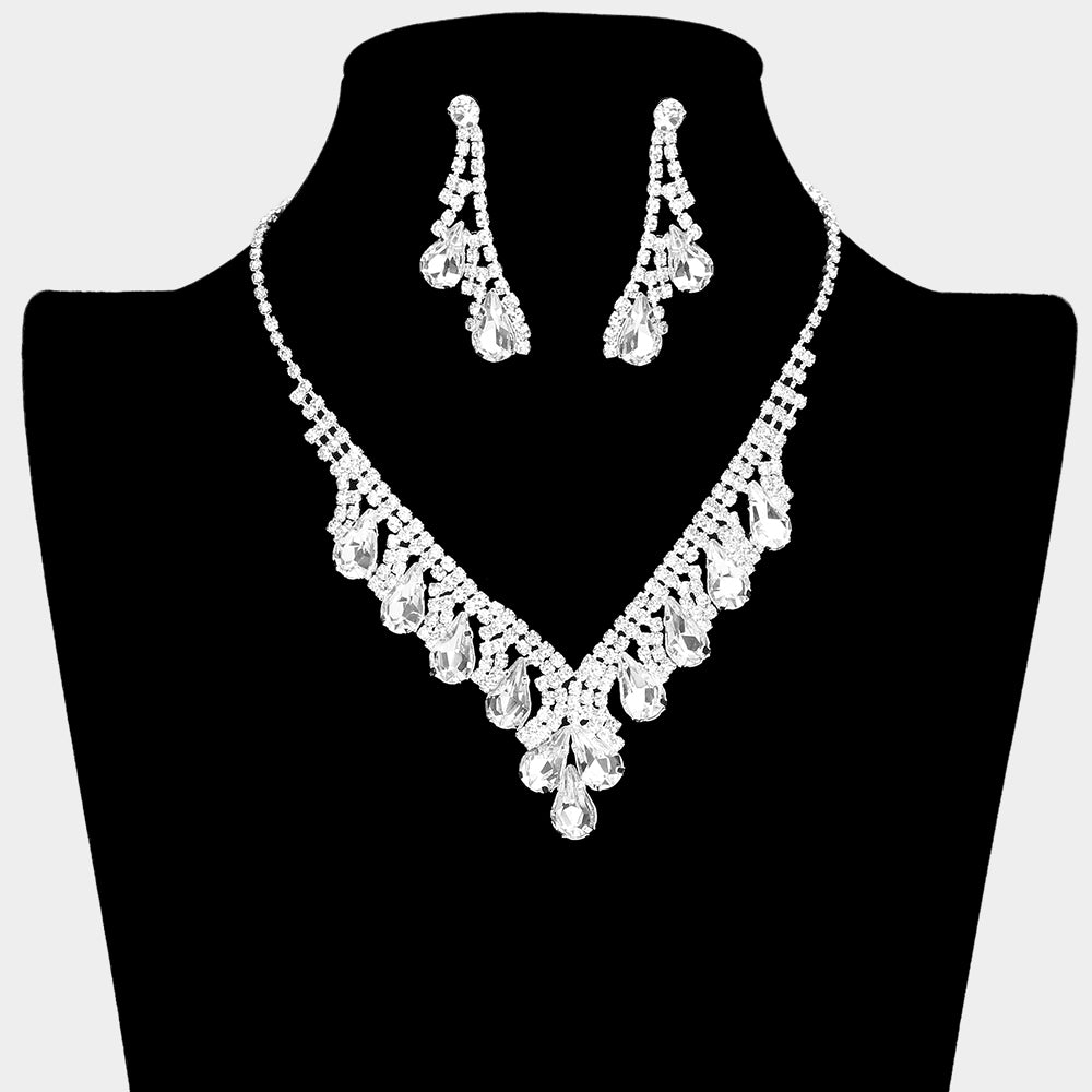 Clear Teardrop Stone and Rhinestone Accented Homecoming Necklace Set | Prom Necklace Set 