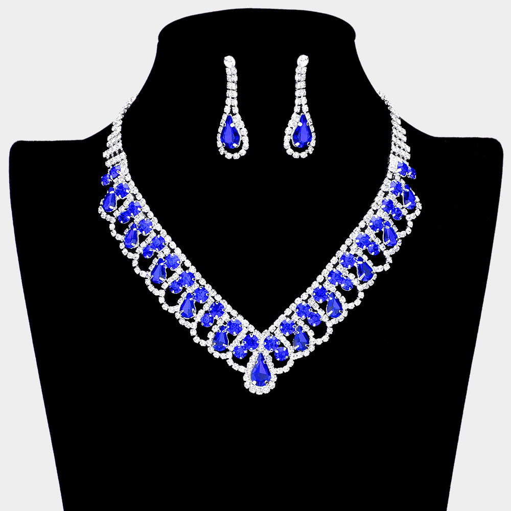 Blue Teardrop and Round Stone V Shaped Prom Necklace Set | Prom Jewelry