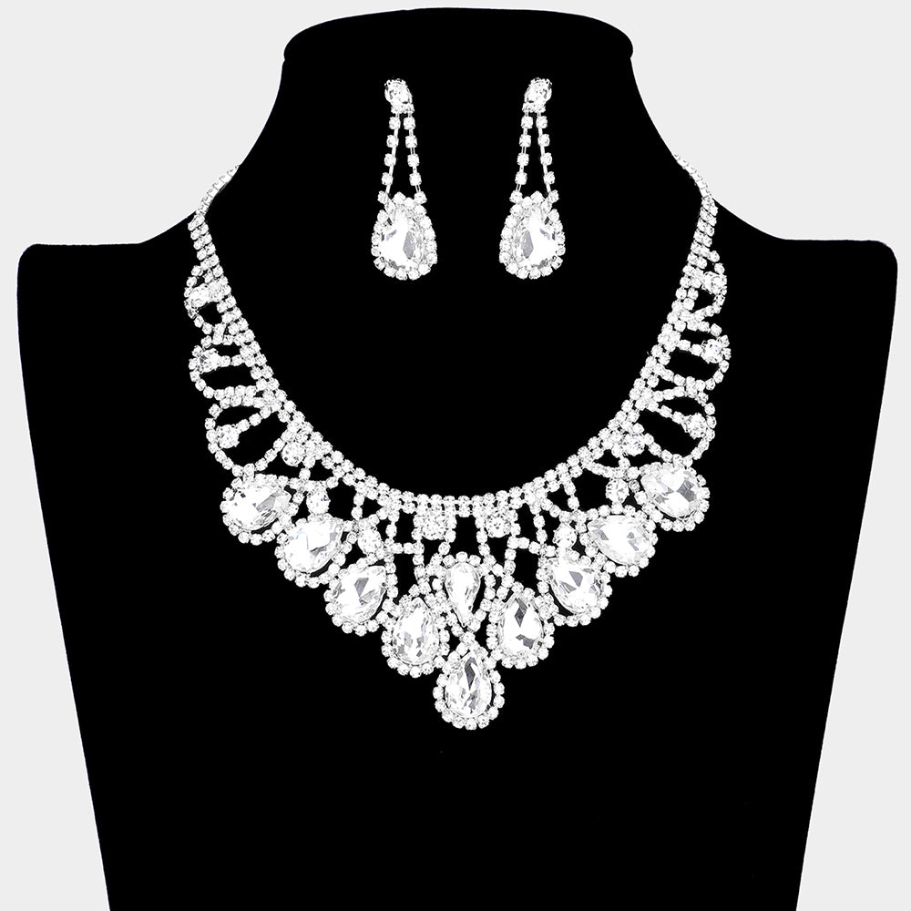 Clear Crystal Teardrop Rhinestone Pageant Prom Necklace Set on Silver