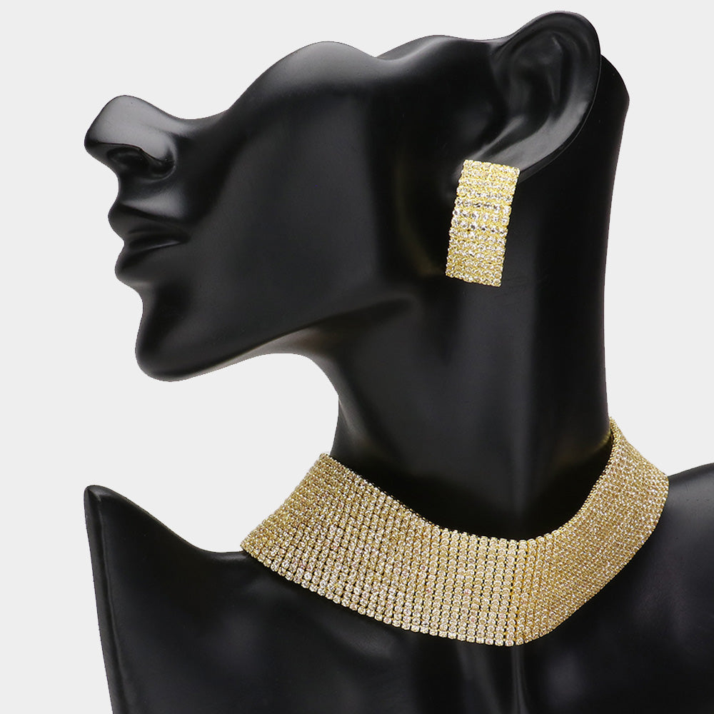 15 Row Rhinestone Choker Necklace Set on Gold | Homecoming Jewelry