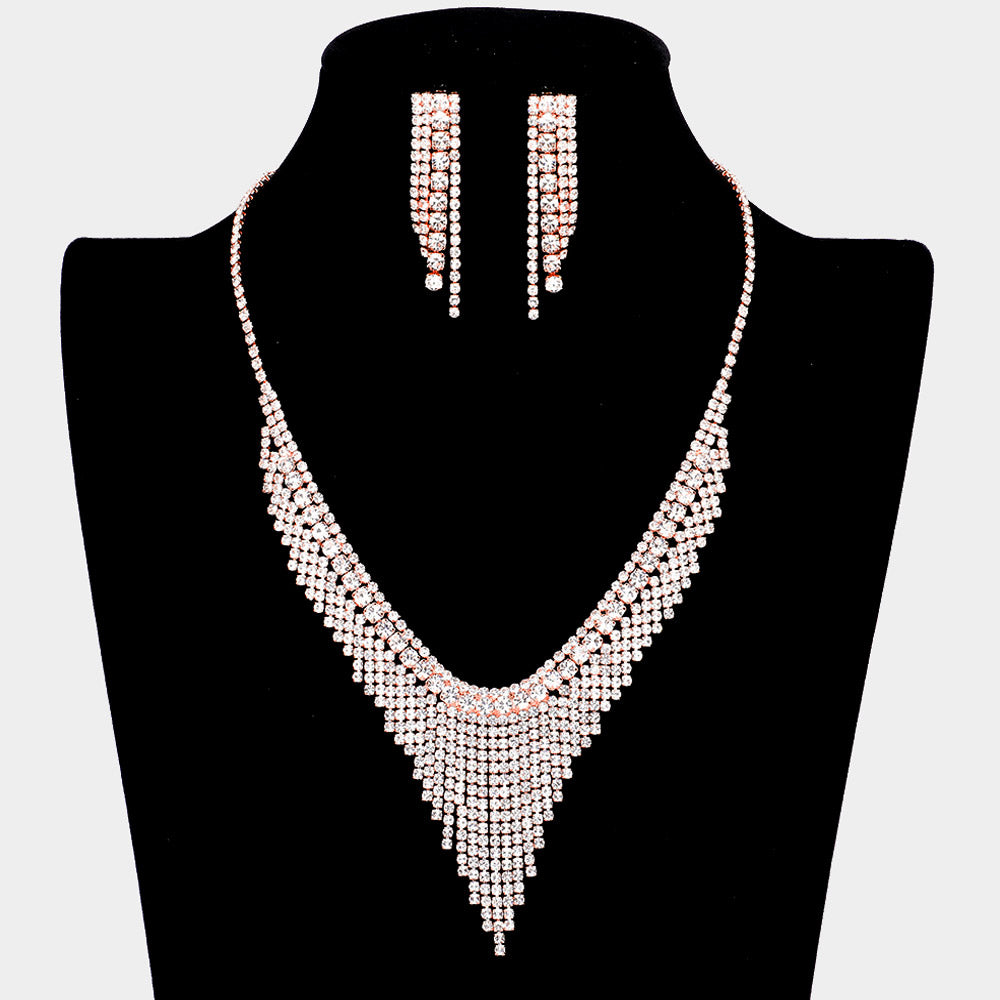 Clear Crystal Teardrop Pageant Necklace Set on Gold