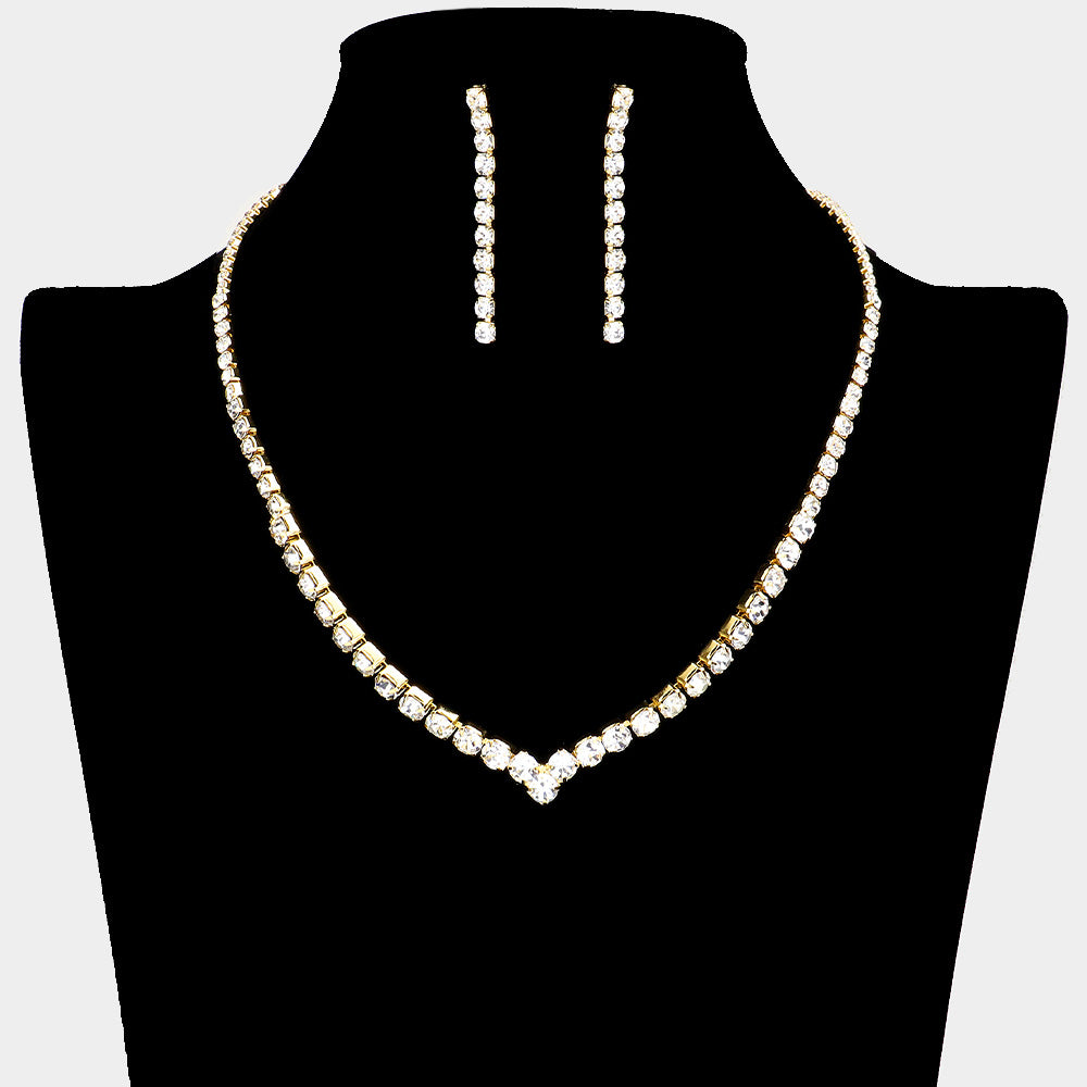 Round Clear Rhinestone and Earrings Necklace Set on Gold| Prom Jewelry