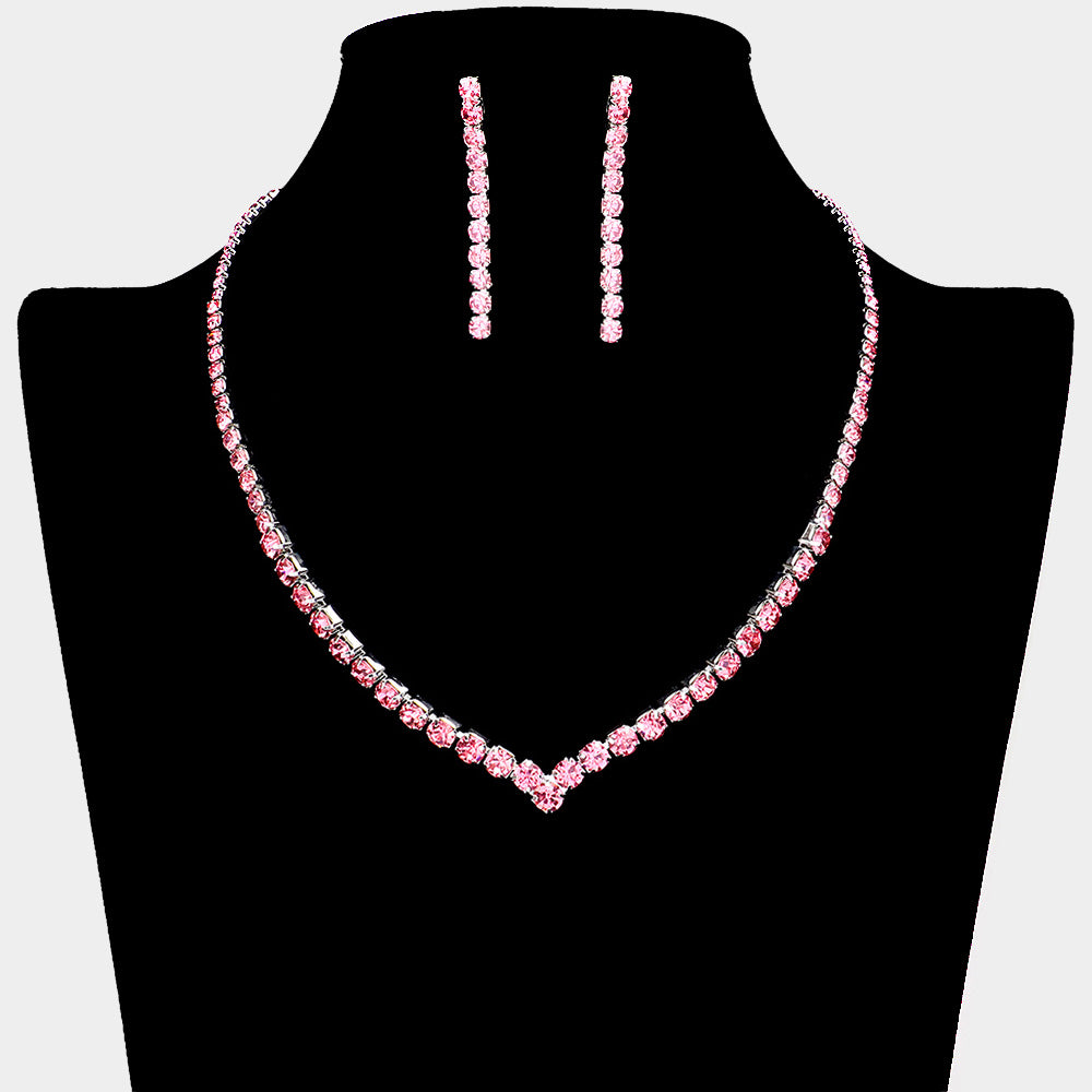 Round Pink Rhinestone and Earrings Necklace Set | Prom Jewelry