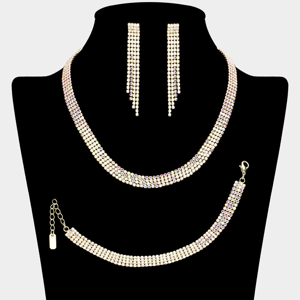 4 Row AB Rhinestone Prom Necklace Set on Gold| Rhinestone Jewelry Set