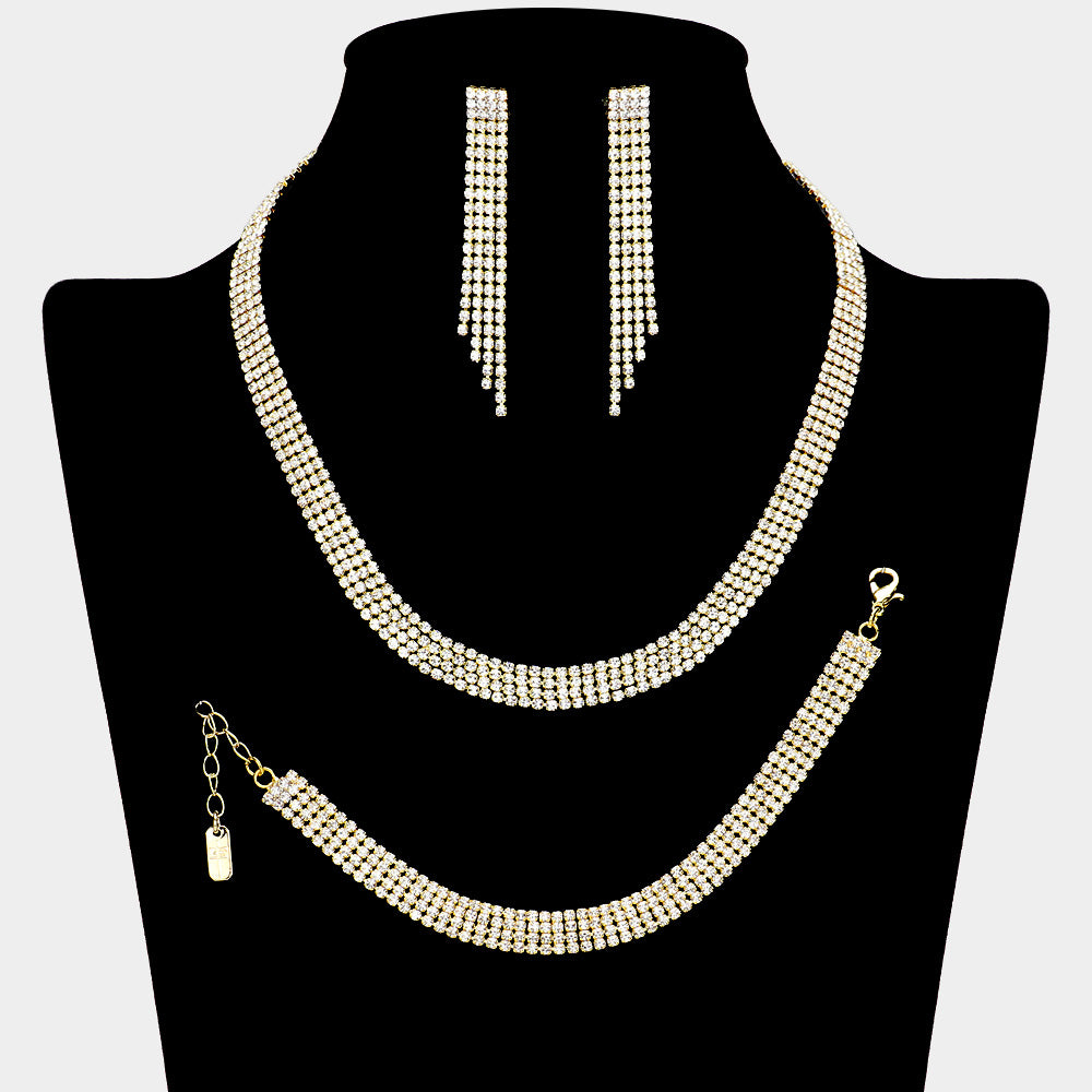 4 Row Clear Rhinestone Prom Necklace Set on Gold| Rhinestone Jewelry Set