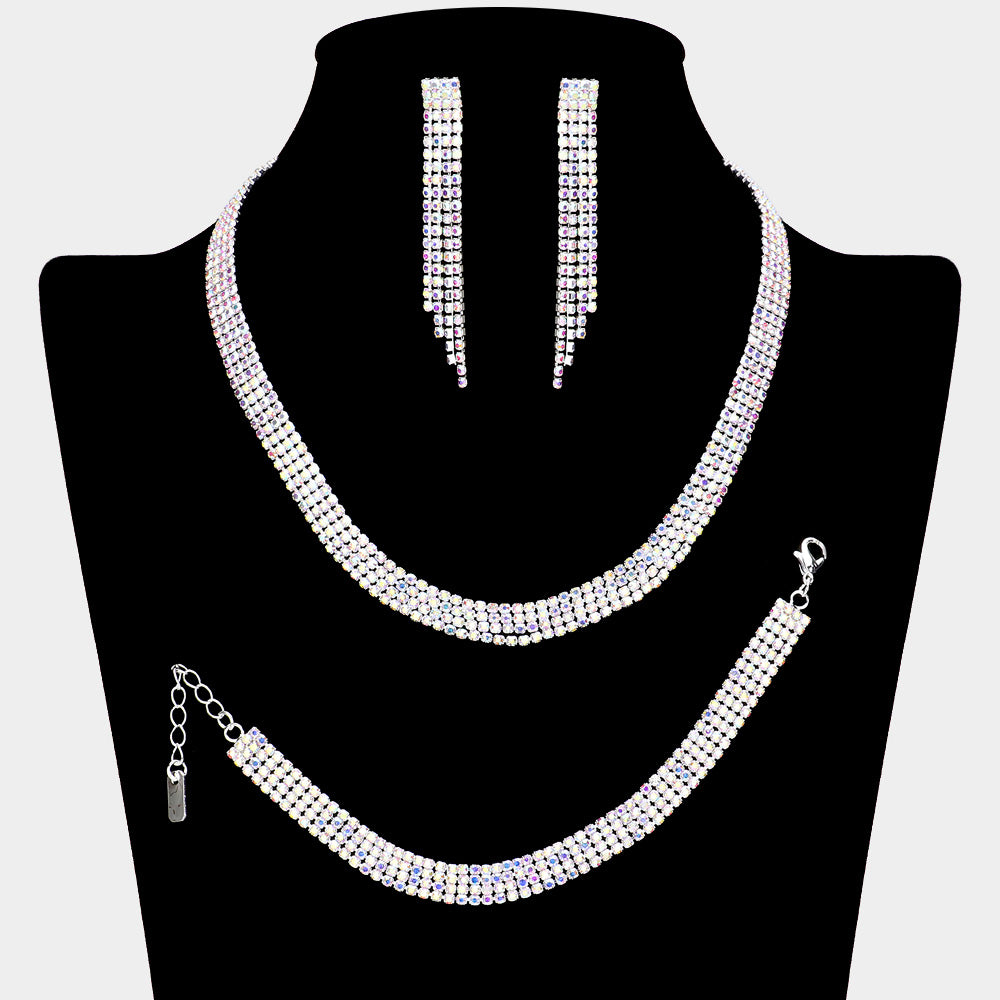 4 Row AB Rhinestone Prom Necklace Set on Silver | Rhinestone Jewelry Set |  628021