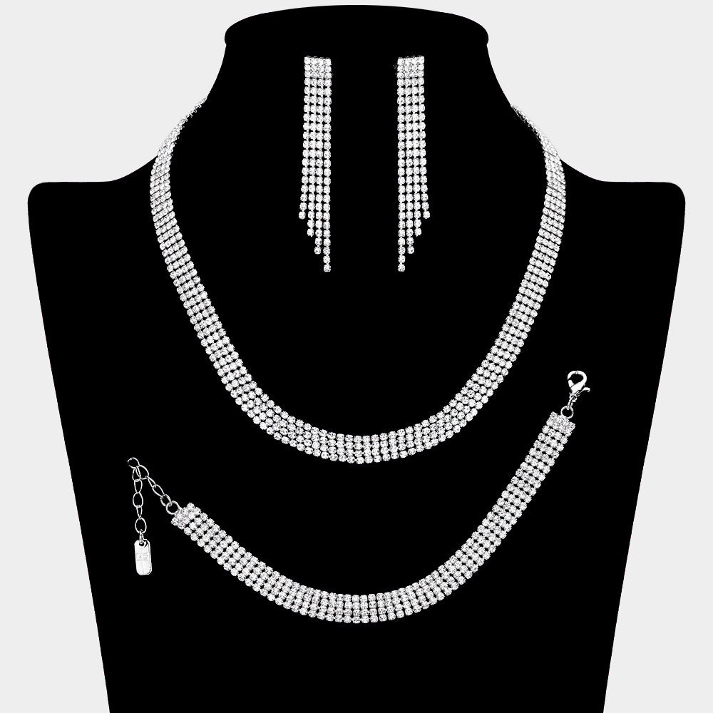 4 Row Clear Rhinestone Prom Necklace Set on Silver | Rhinestone Jewelry Set