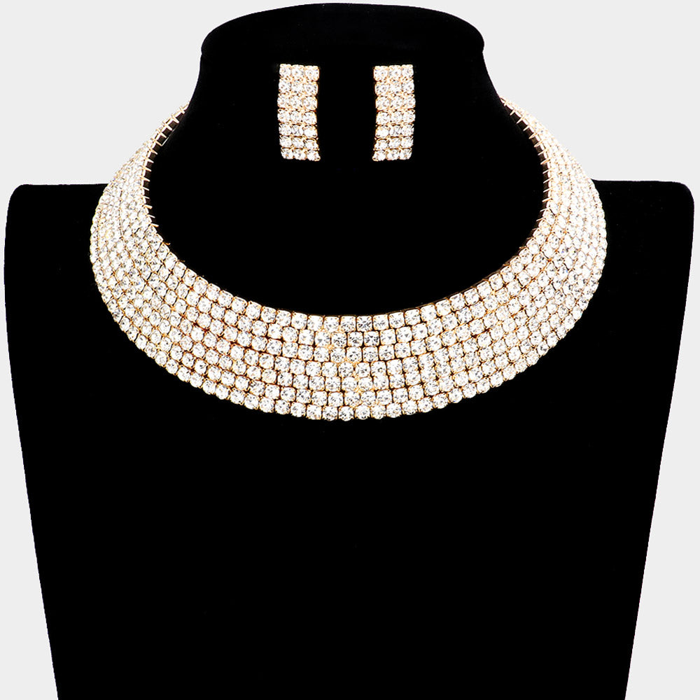 7 Row Rhinestone Pageant Necklace Set on Gold | Rhinestone Choker Necklace on Gold