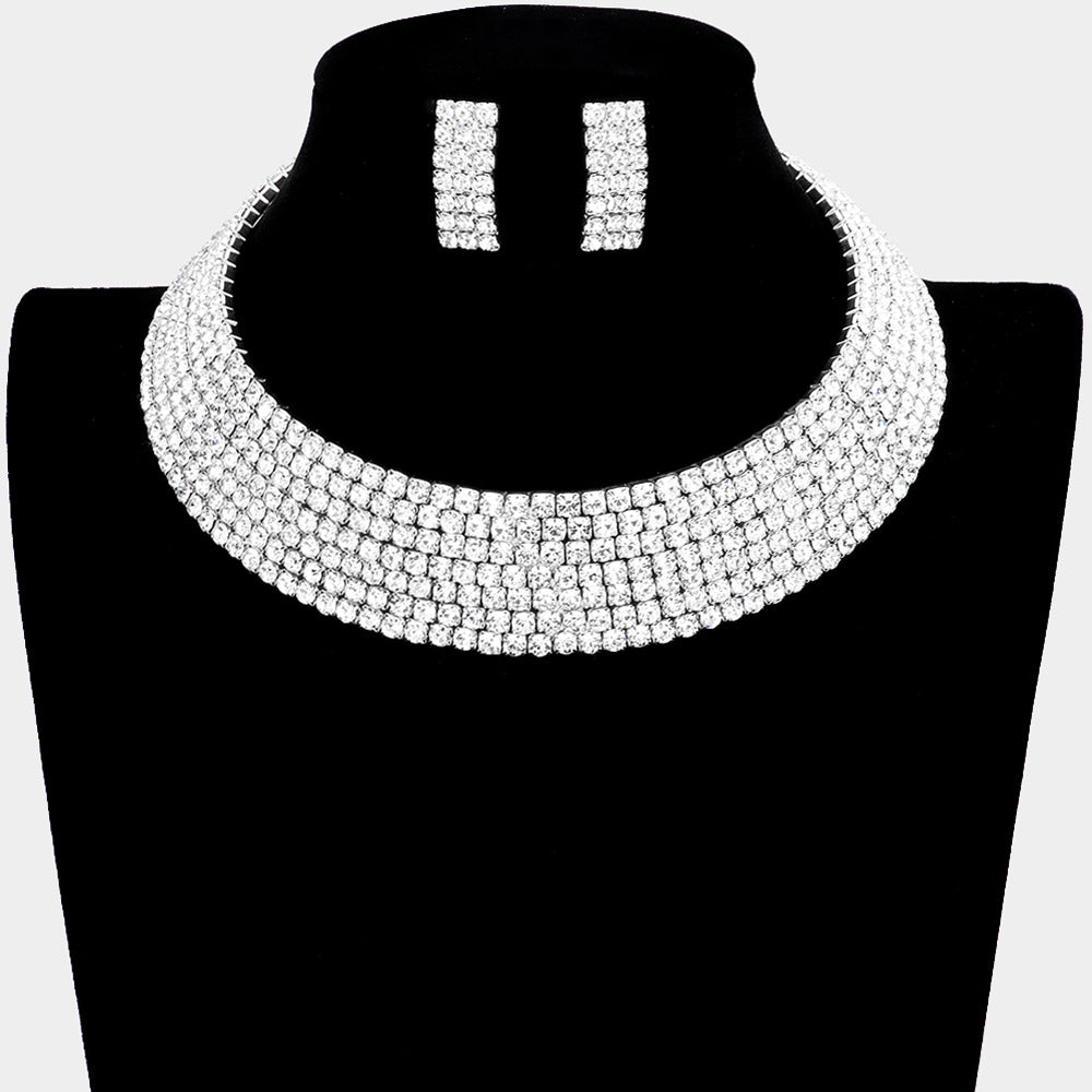 7 Row Rhinestone Pageant Necklace Set on Silver | Rhinestone Choker Necklace on Silver