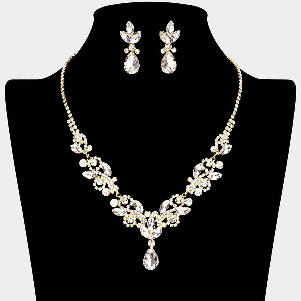 Clear Crystal Stones Surrounded by Rhinestones Earrings and Necklace Set on Gold | Prom Jewelry