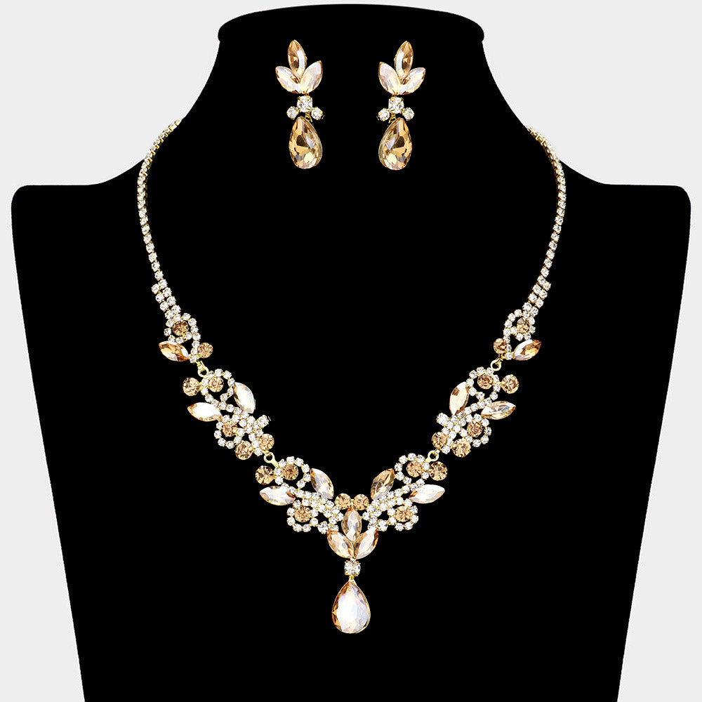 Light Topaz Crystal Stones Surrounded by Rhinestones Earrings and Necklace Set| Prom Jewelry