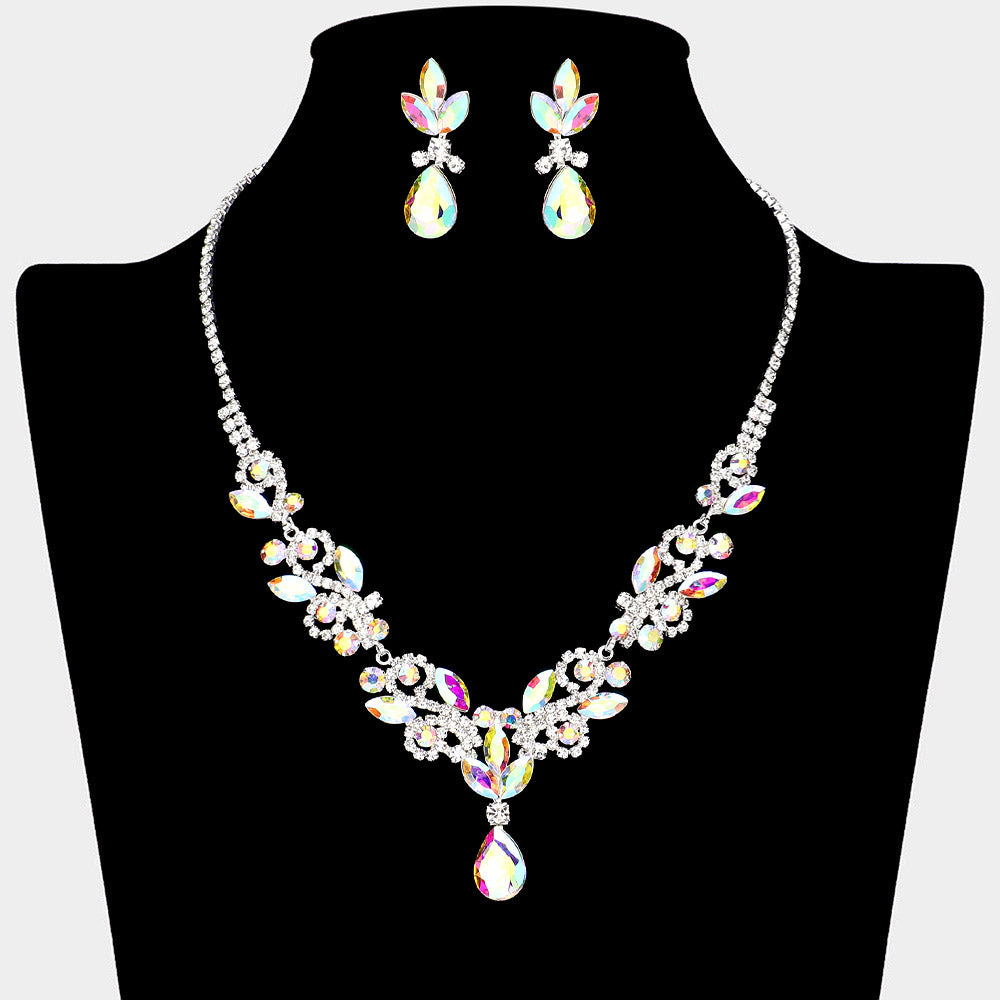 AB Crystal Stones Surrounded by Rhinestones Earrings and Necklace Set| Prom Jewelry