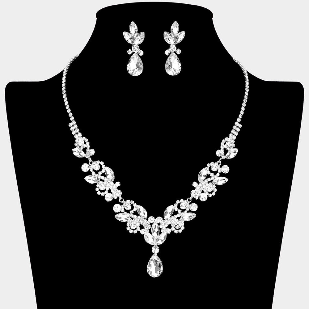 Clear Crystal Stones Surrounded by Rhinestones Earrings and Necklace Set| Prom Jewelry