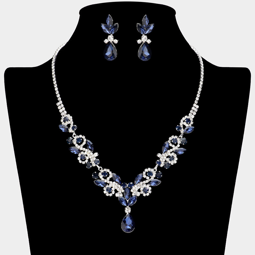 Navy Crystal Stones Surrounded by Rhinestones Earrings and Necklace Set| Prom Jewelry