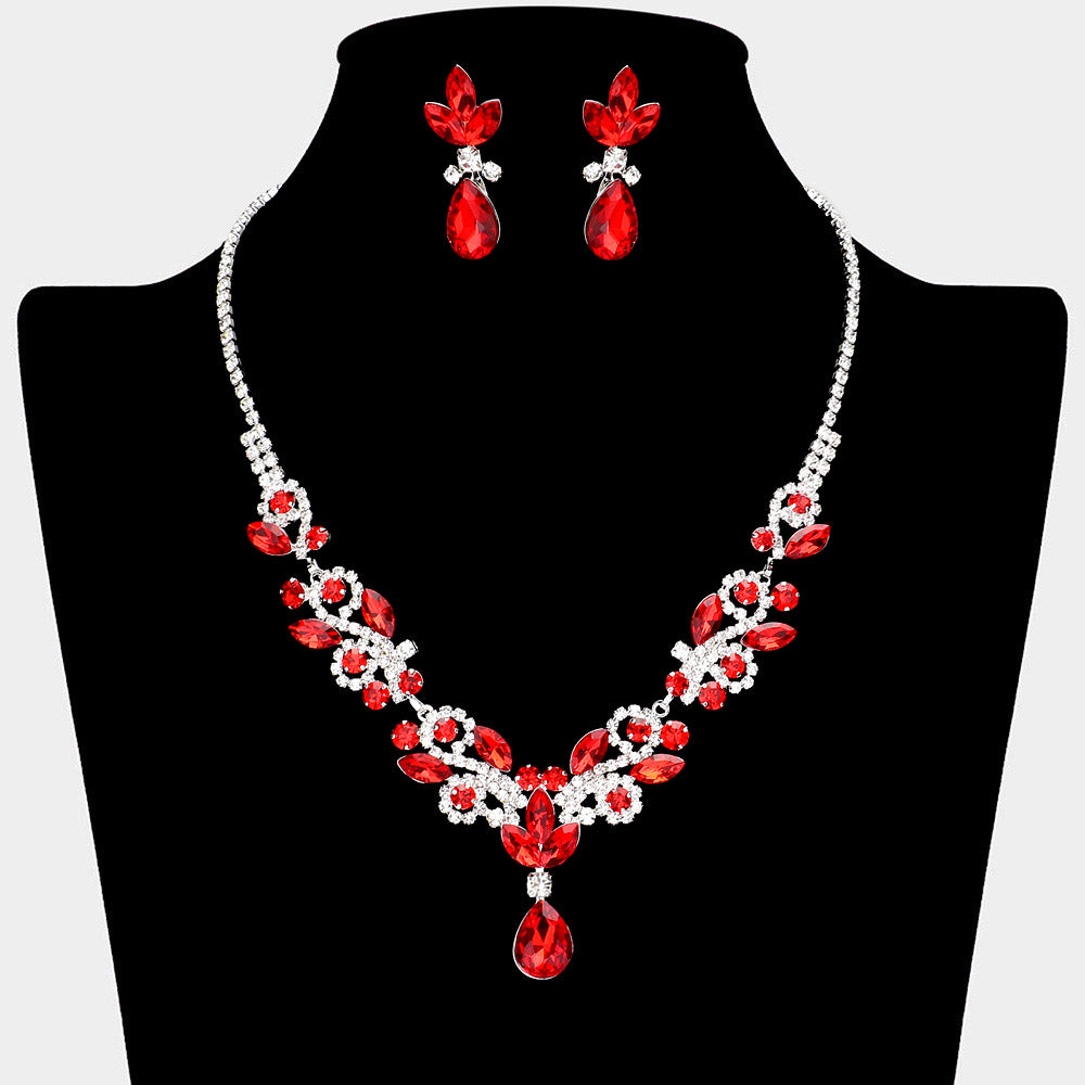 Red Crystal Stones Surrounded by Rhinestones Earrings and Necklace Set | Prom Jewelry