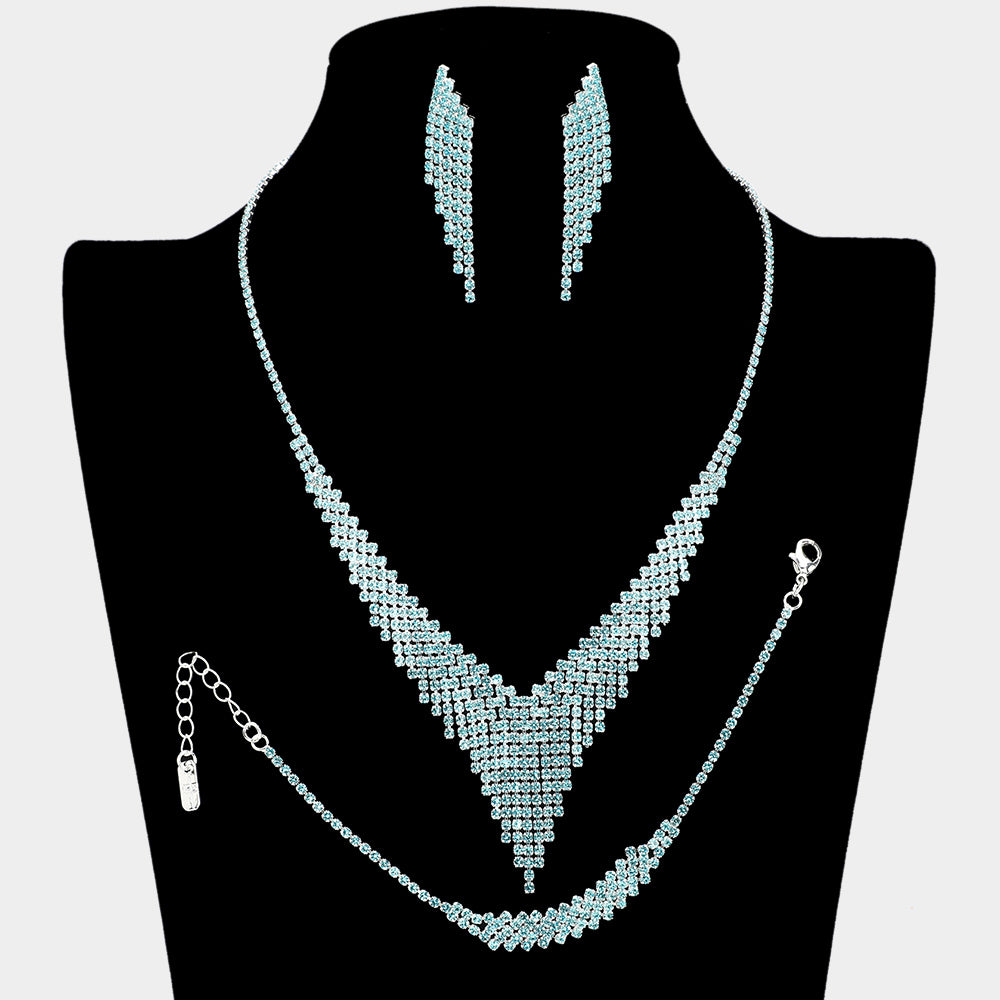 Aqua Rhinestone Fringe Prom Jewelry Set | Aqua Rhinestone Evening Jewelry