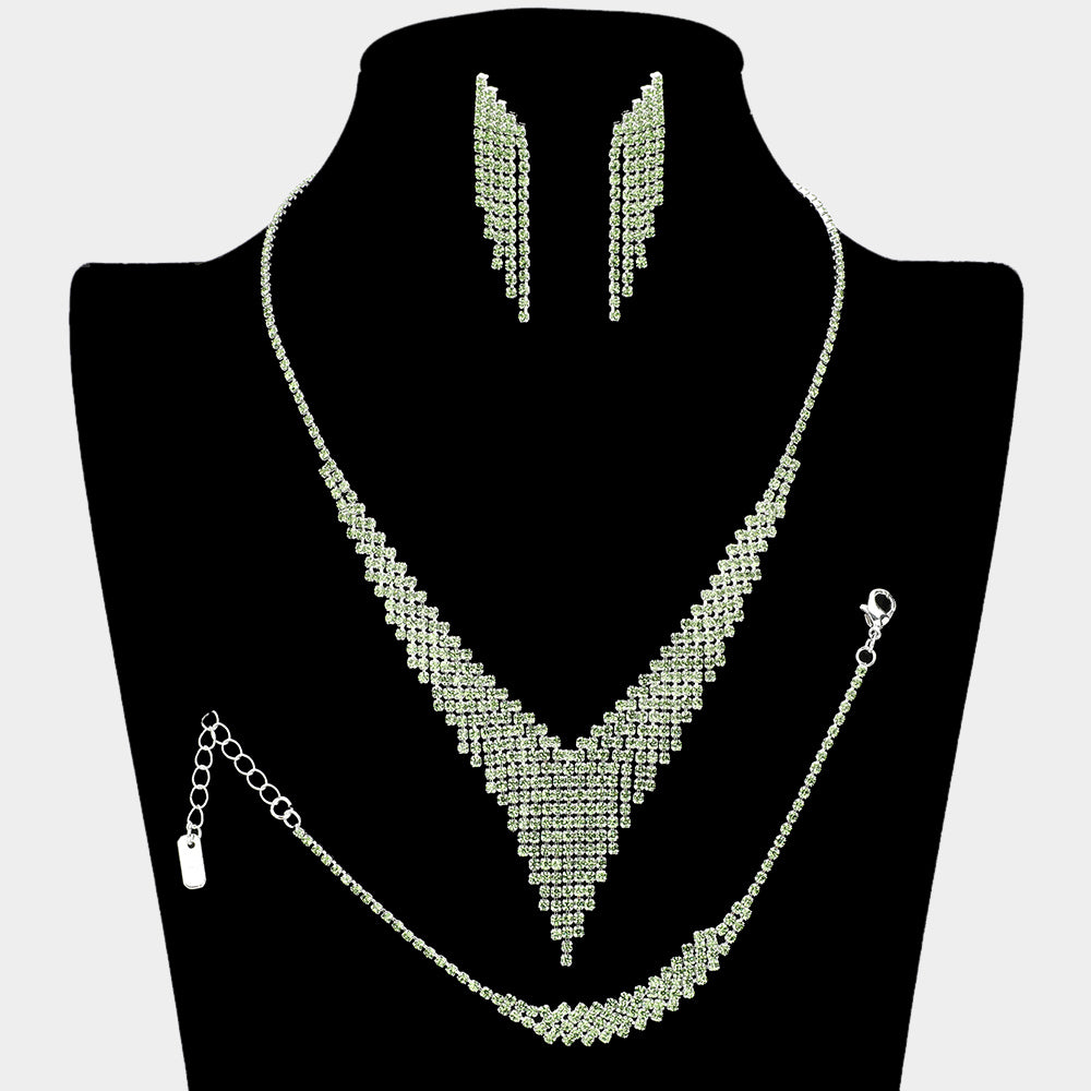 Green Rhinestone Fringe Prom Jewelry Set | Green Rhinestone Evening Jewelry