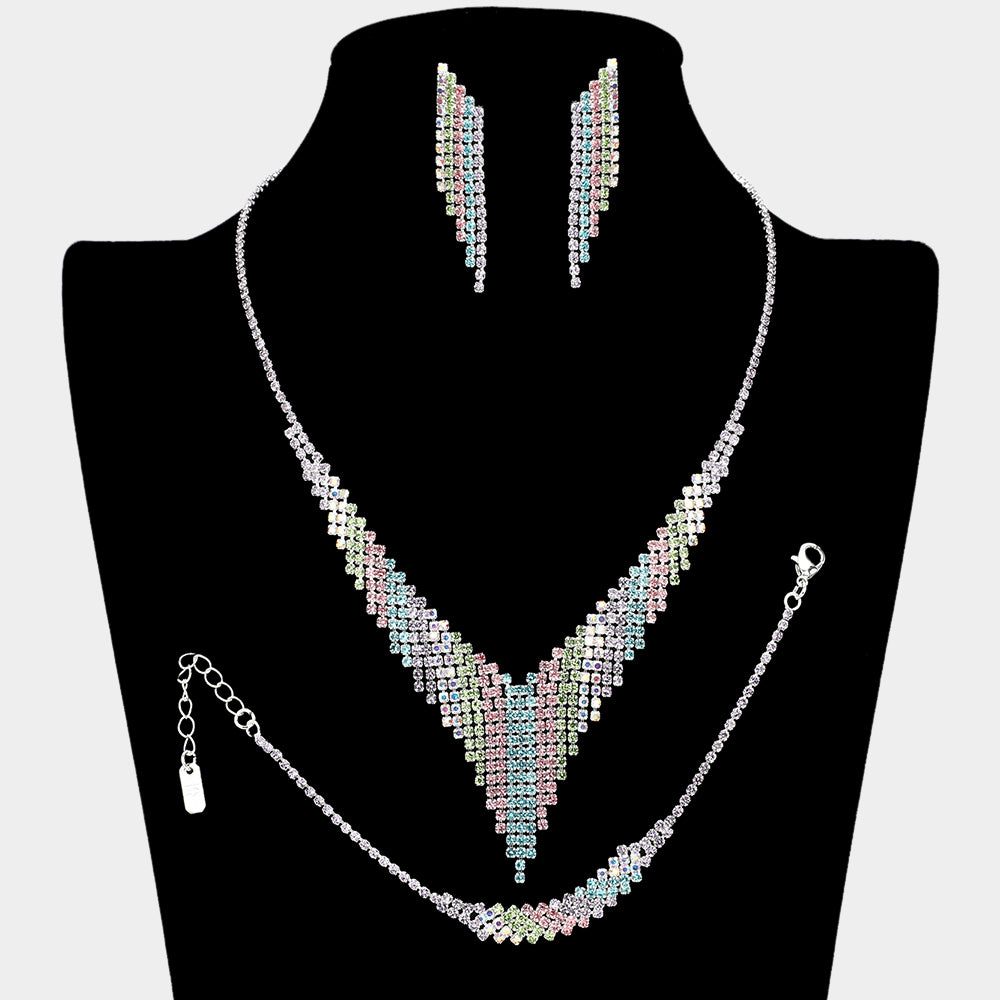 Multi-Color Rhinestone Fringe Prom Jewelry Set | Multi-Color Rhinestone Evening Jewelry 