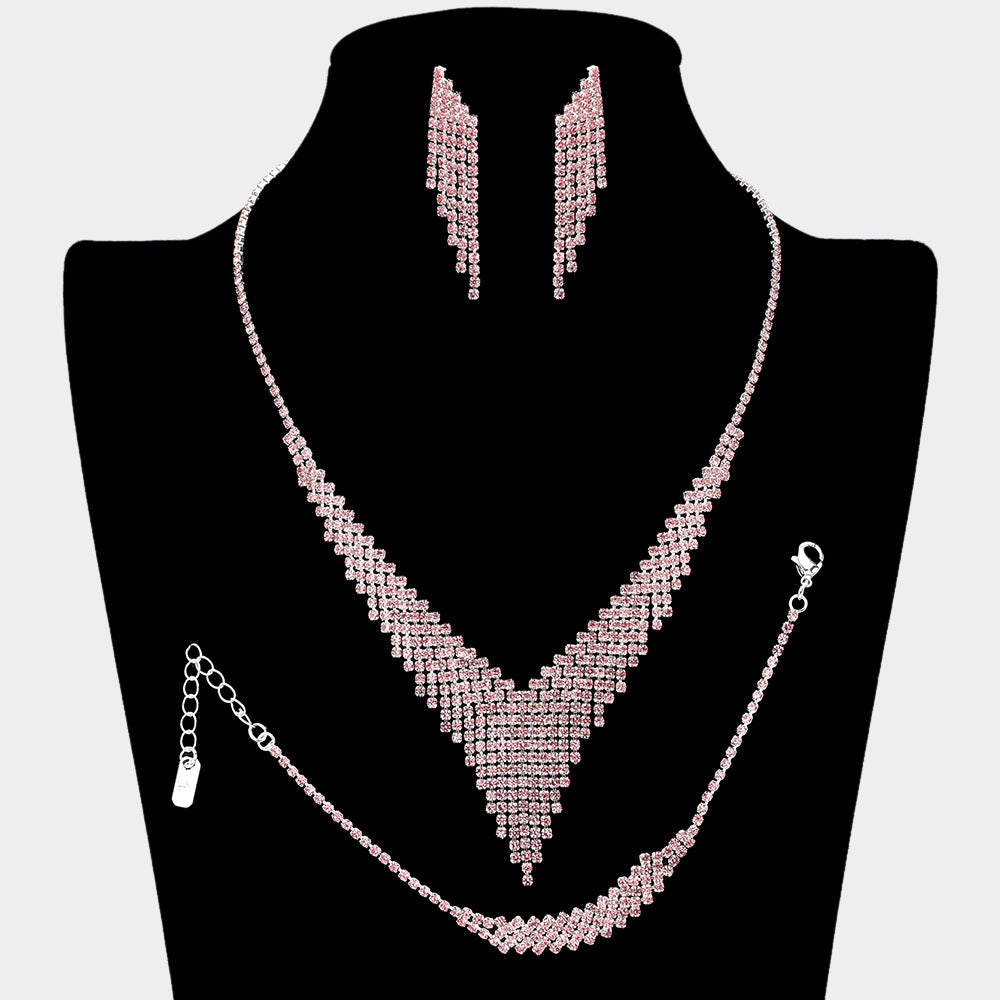 Pink Rhinestone Fringe Prom Jewelry Set | Pink Rhinestone Evening Jewelry