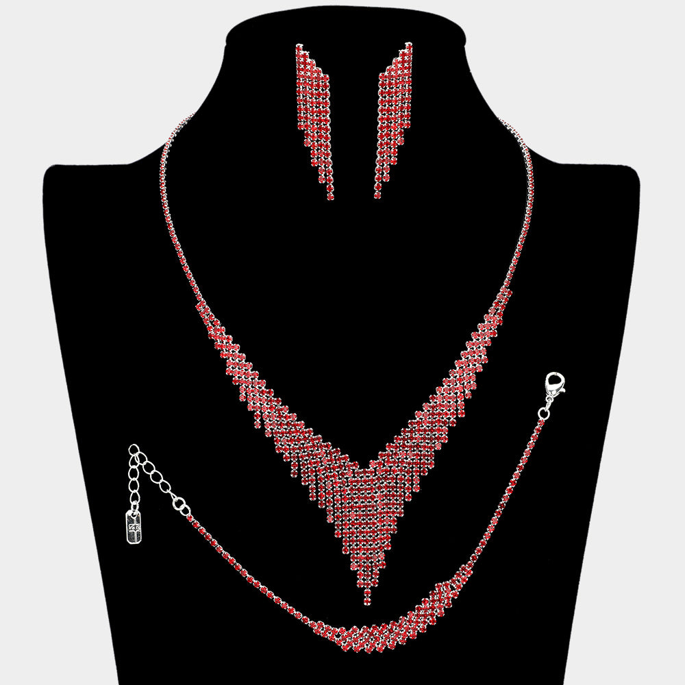 Red Rhinestone Fringe Prom Jewelry Set | Red Rhinestone Evening Jewelry