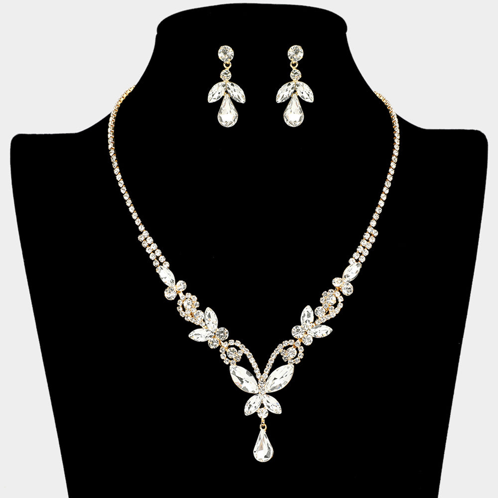 Clear Marquise and Multi Stone Cluster Butterfly Prom Necklace Set on Gold | Prom Jewelry