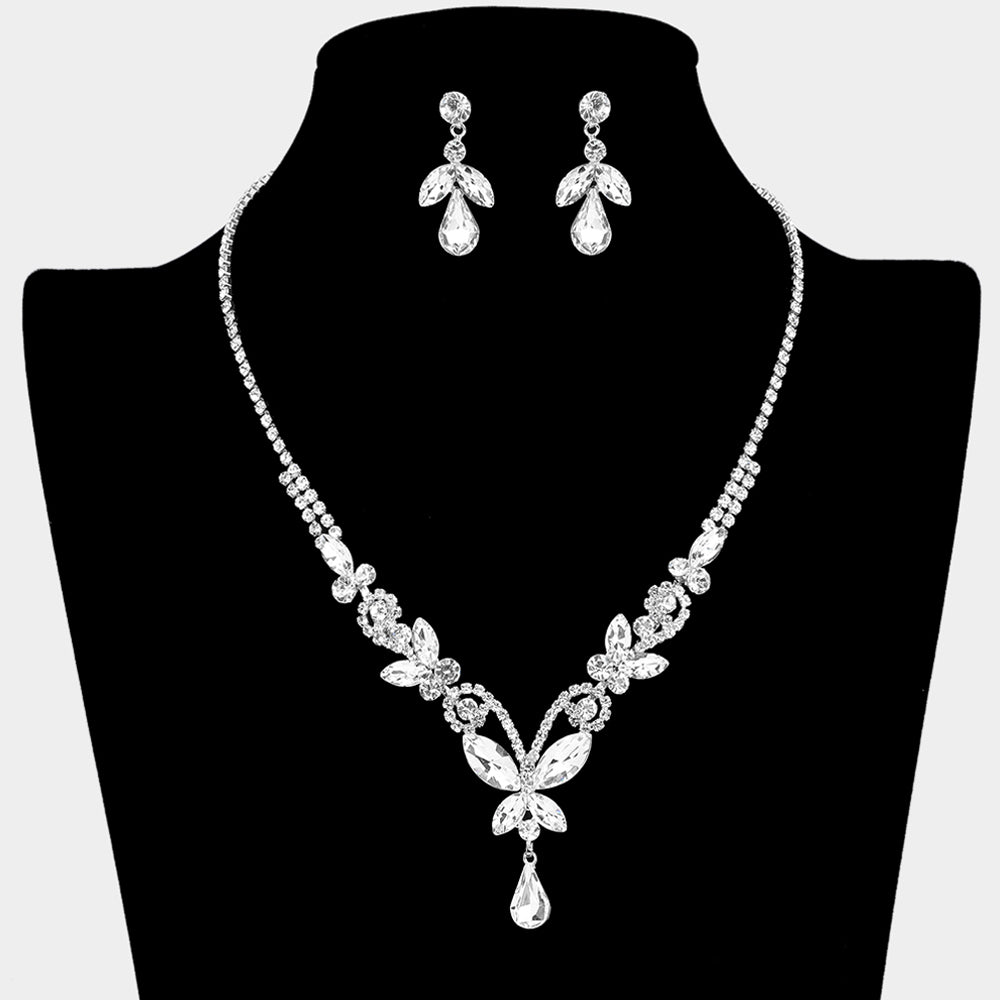 Clear Marquise and Multi Stone Cluster Butterfly Prom Necklace Set | Prom Jewelry 