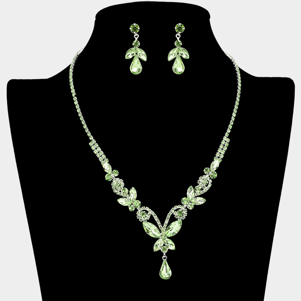 Light Green Marquise and Multi Stone Cluster Butterfly Prom Necklace Set | Prom Jewelry