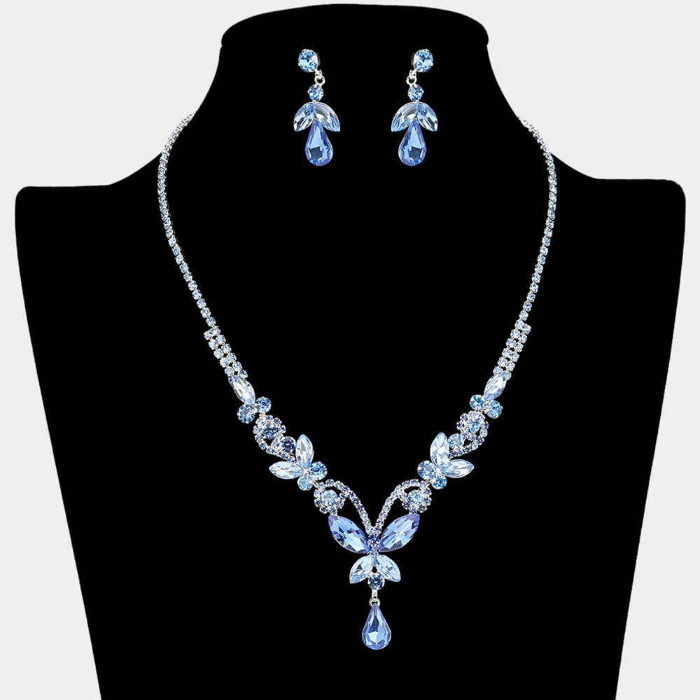 Blue Marquise and Multi Stone Cluster Butterfly Prom Necklace Set | Prom Jewelry