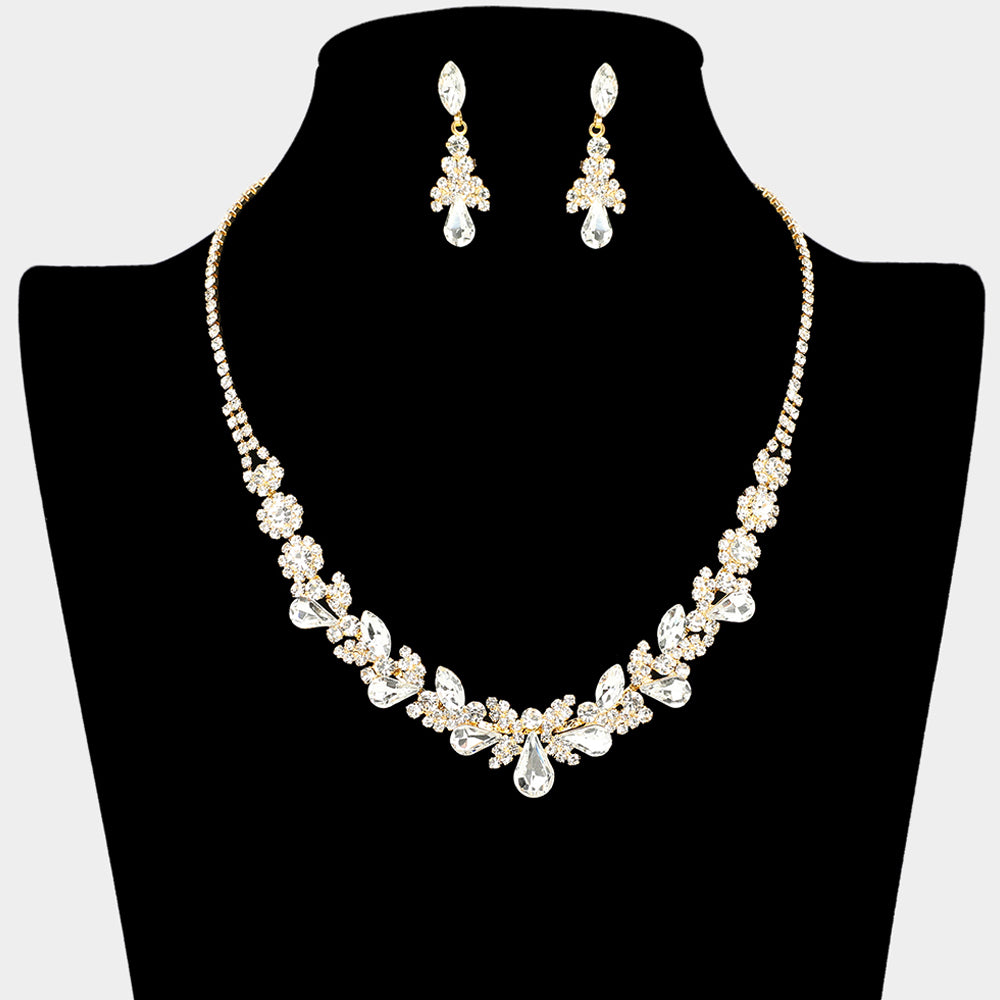 Clear Teardrop and Multi Stone Cluster Prom Necklace Set on Gold| Prom Jewelry