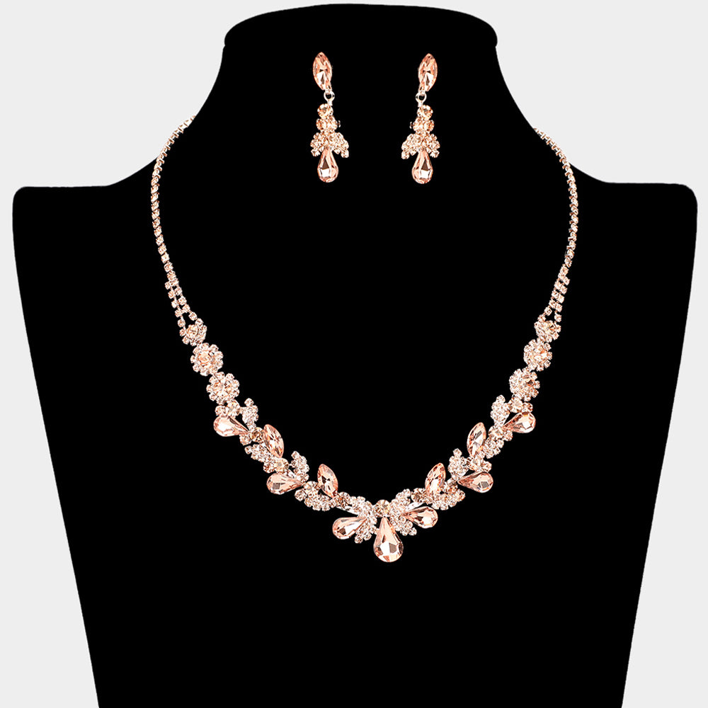 Peach Teardrop and Multi Stone Cluster Prom Necklace Set on Rose Gold| Prom Jewelry