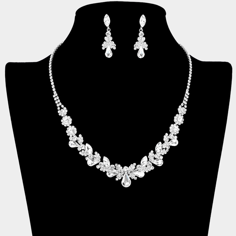 Clear Teardrop and Multi Stone Cluster Prom Necklace Set | Prom Jewelry