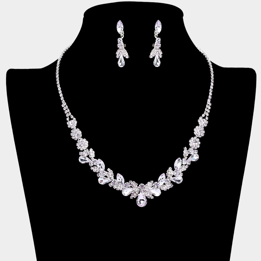 Amerthyst Teardrop and Multi Stone Cluster Prom Necklace Set | Prom Jewelry