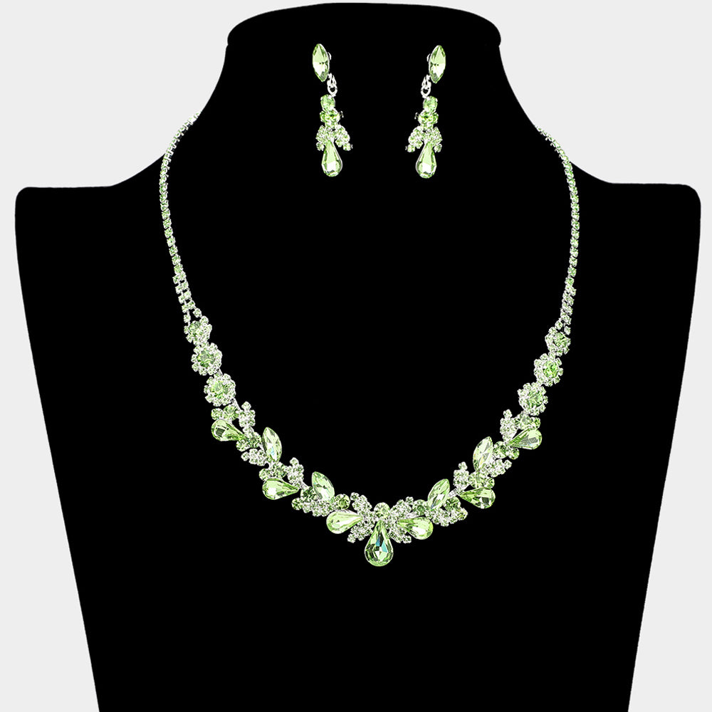 Green Teardrop and Multi Stone Cluster Prom Necklace Set | Prom Jewelry