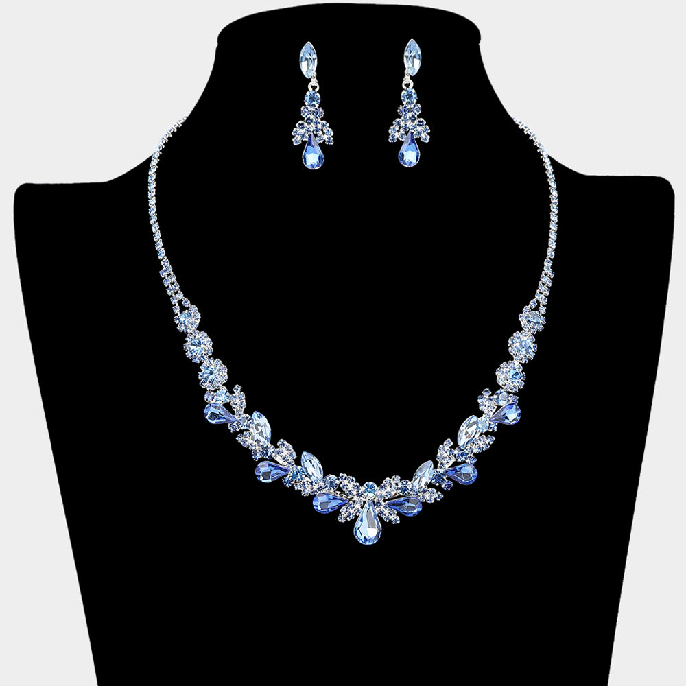 Blue Teardrop and Multi Stone Cluster Prom Necklace Set | Prom Jewelry