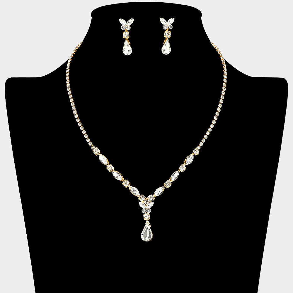 Clear Teardrop and Marquise Stone Rhinestone Trim Prom Necklace Set on Gold | Homecoming Jewelry