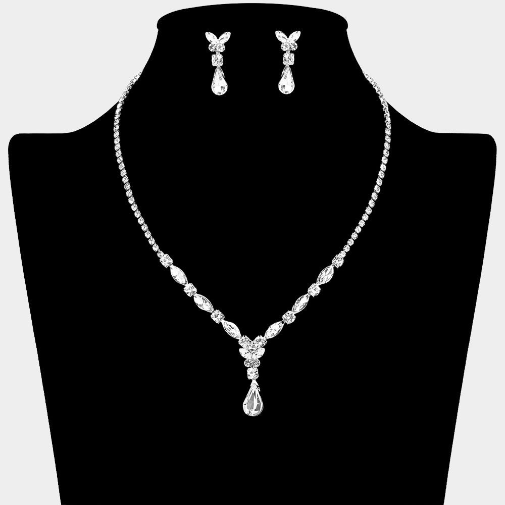 Clear Teardrop and Marquise Stone Rhinestone Trim Prom Necklace Set | Homecoming Jewelry