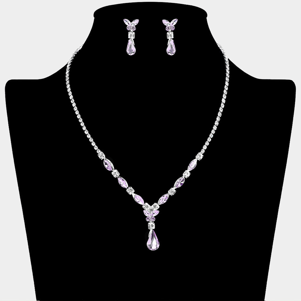 Amethyst Teardrop and Marquise Stone Rhinestone Trim Prom Necklace Set  | Homecoming Jewelry