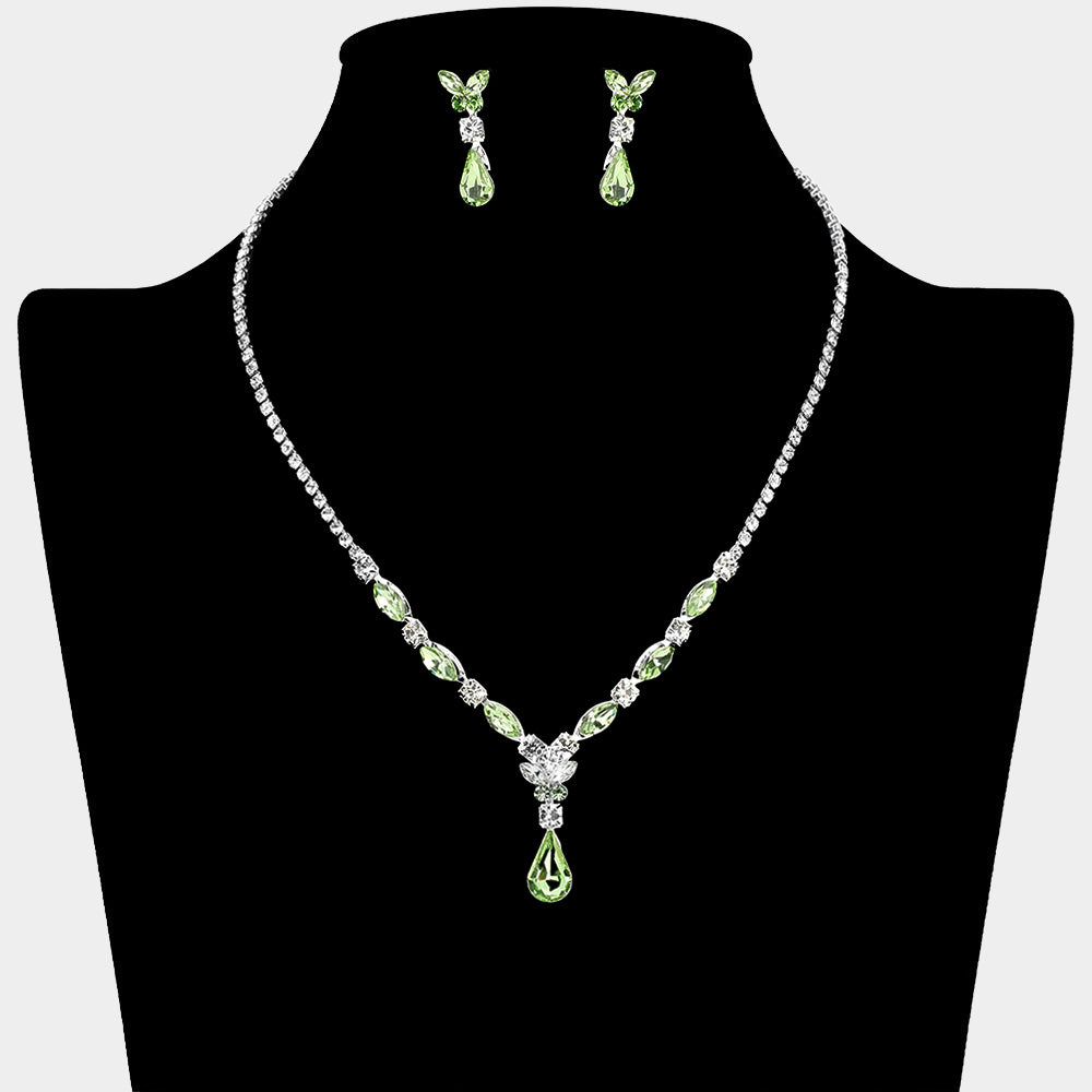 Green Teardrop and Marquise Stone Rhinestone Trim Prom Necklace Set  | Homecoming Jewelry