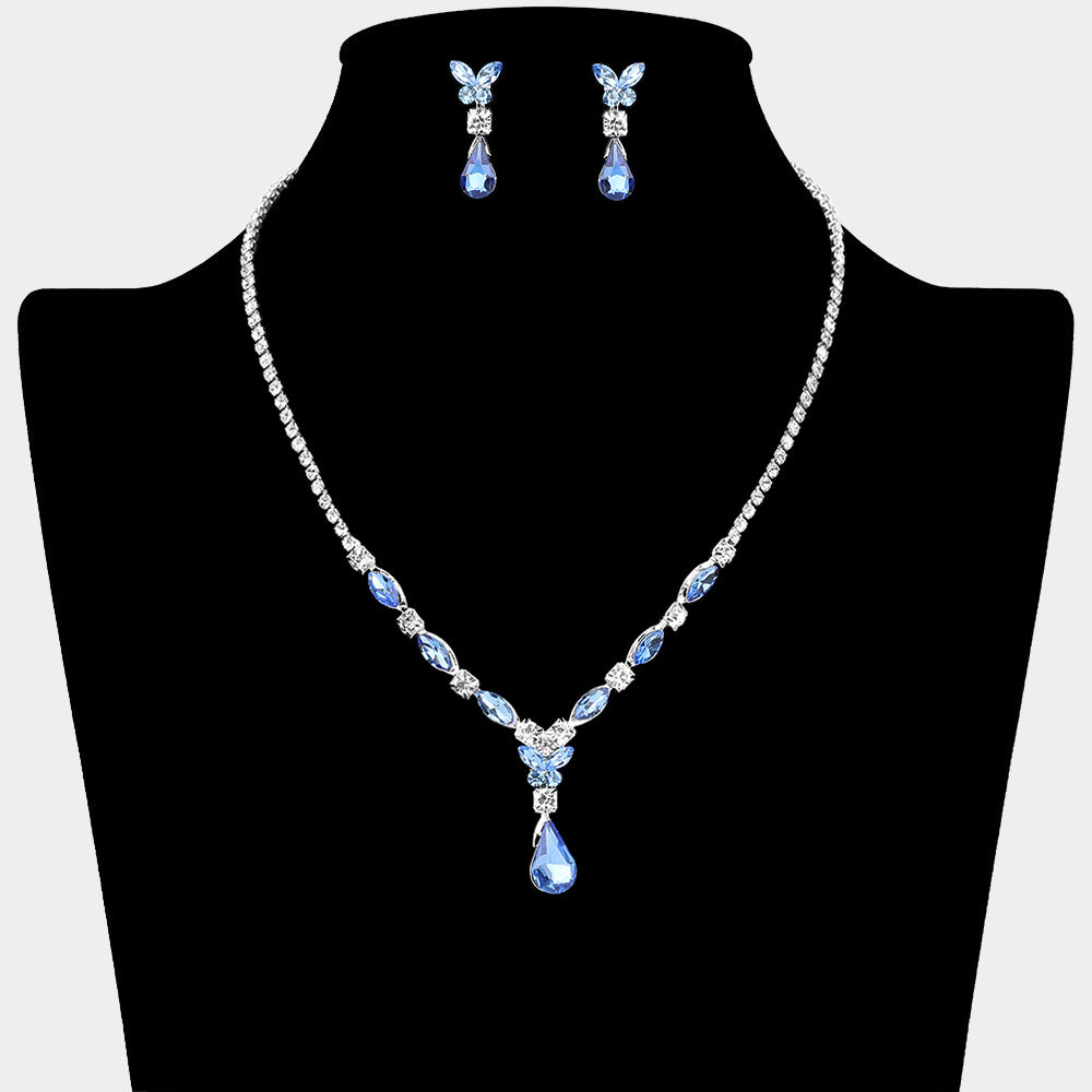 Blue Teardrop and Marquise Stone Rhinestone Trim Prom Necklace Set | Homecoming Jewelry