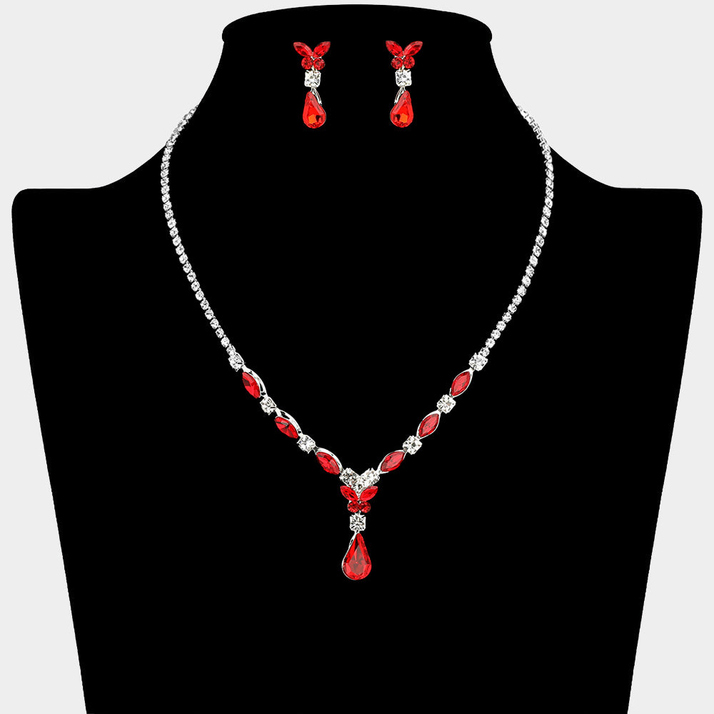 Red Teardrop and Marquise Stone Rhinestone Trim Prom Necklace Set | Homecoming Jewelry