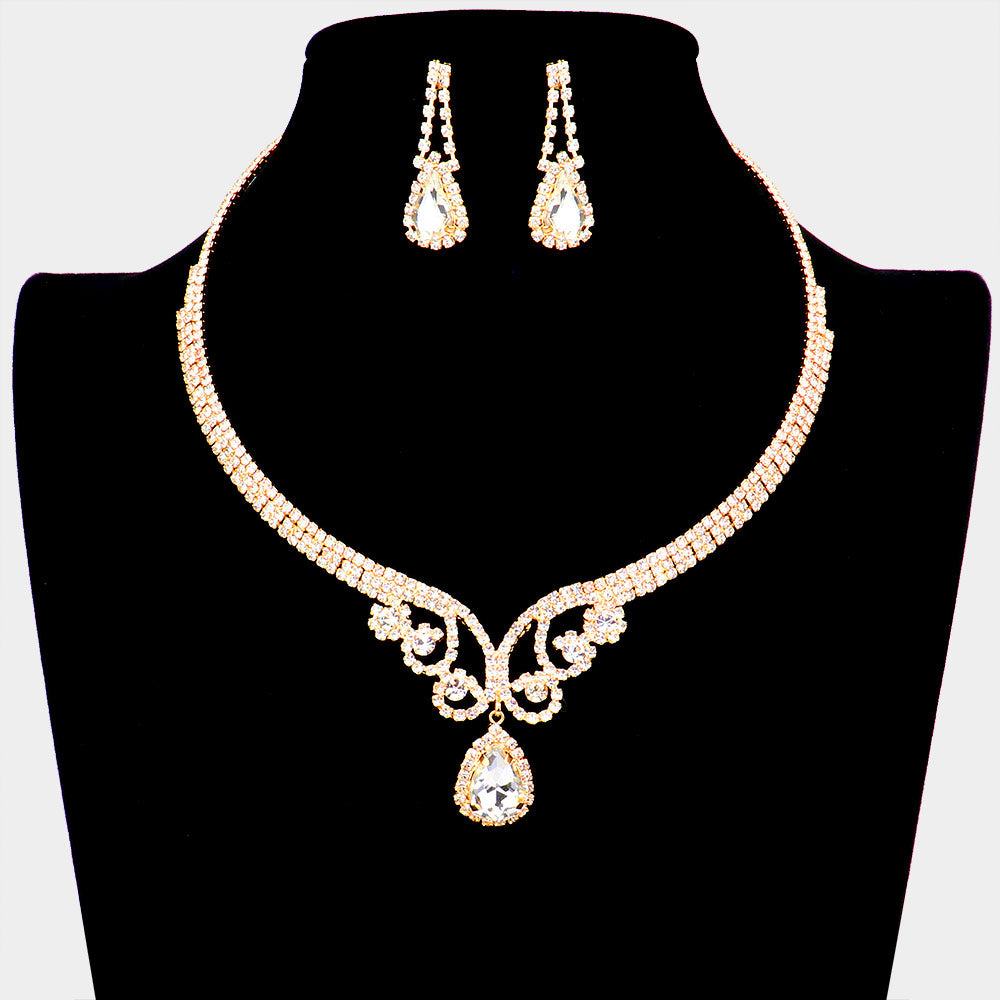 Gold Teardrop Rhinestone Accented Evening Necklace  | Pageant Necklace