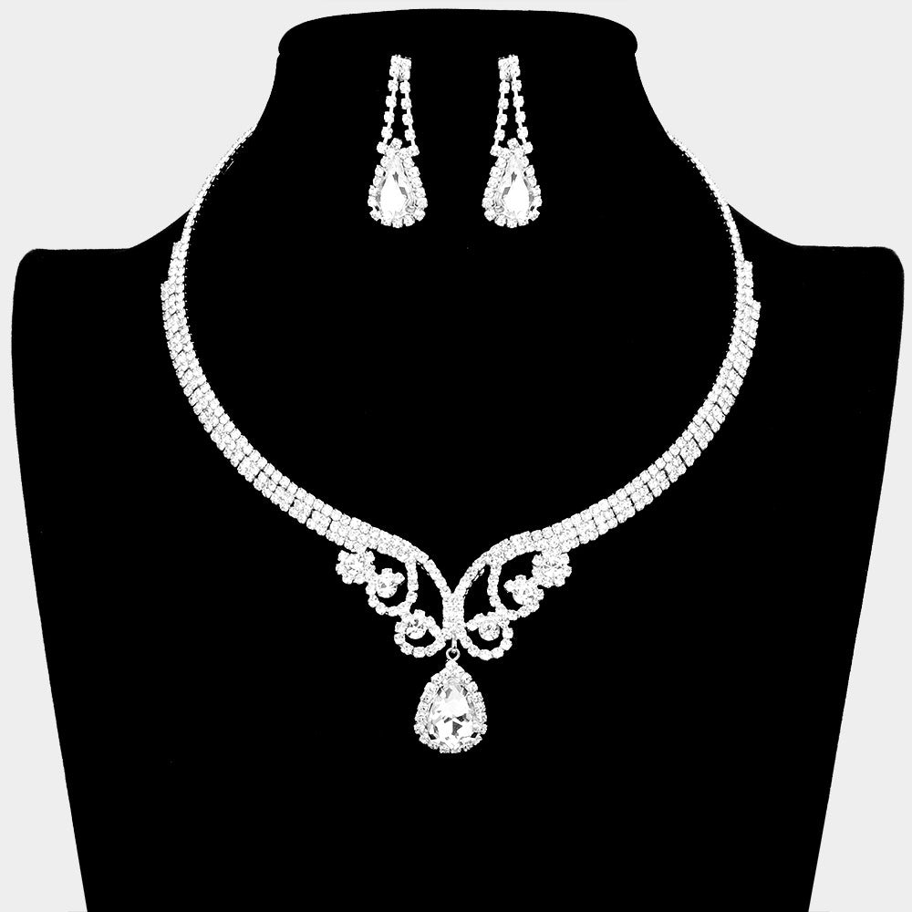 Clear Teardrop Rhinestone Accented Evening Necklace  | Pageant Necklace