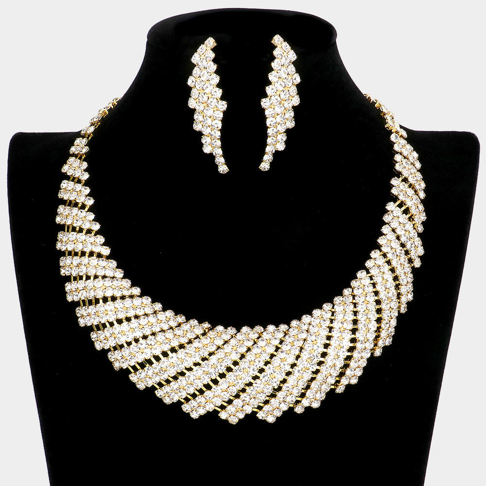 Clear Crystal Rhinestone Necklace Set on Gold