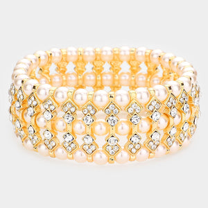 Multi Row Crystal and Cream Pearl Bridal Stretch Bracelet 