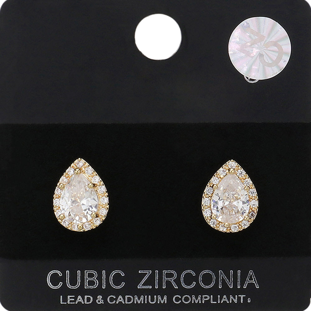 Small Teardrop CZ Stud Pageant Earrings on Gold | Small Crystal Stud Earrings on Gold