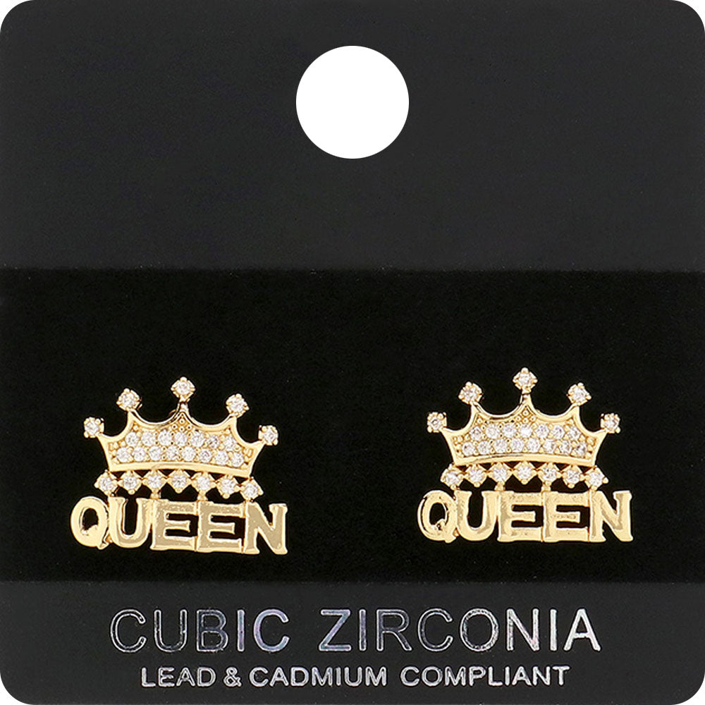 CZ Queen Crown Stud Earrings on Gold | Crown Earrings