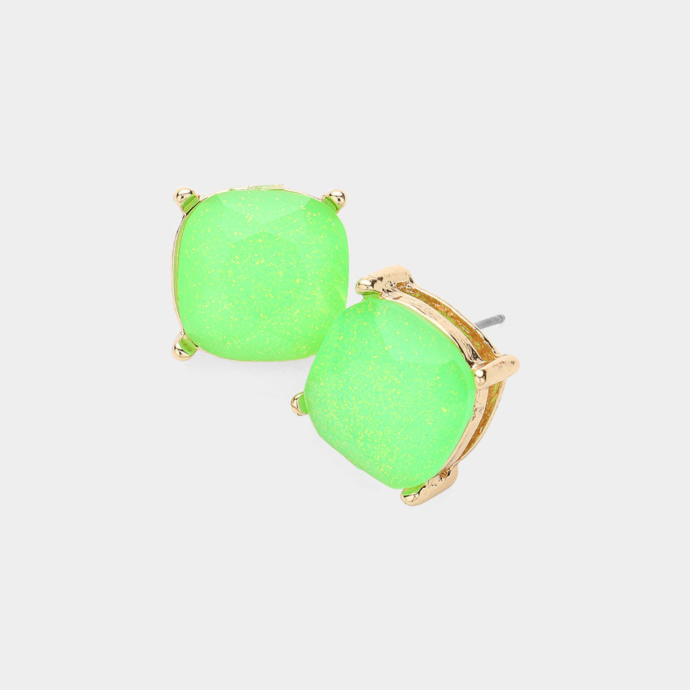 Small Neon Green Glittered Cushion Square Stud Pageant Earrings  | Interview Earrings